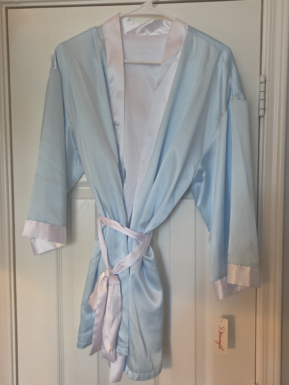 Dreamgirl Women's Satin Wrap Robe in Blue & White Size Medium NWT